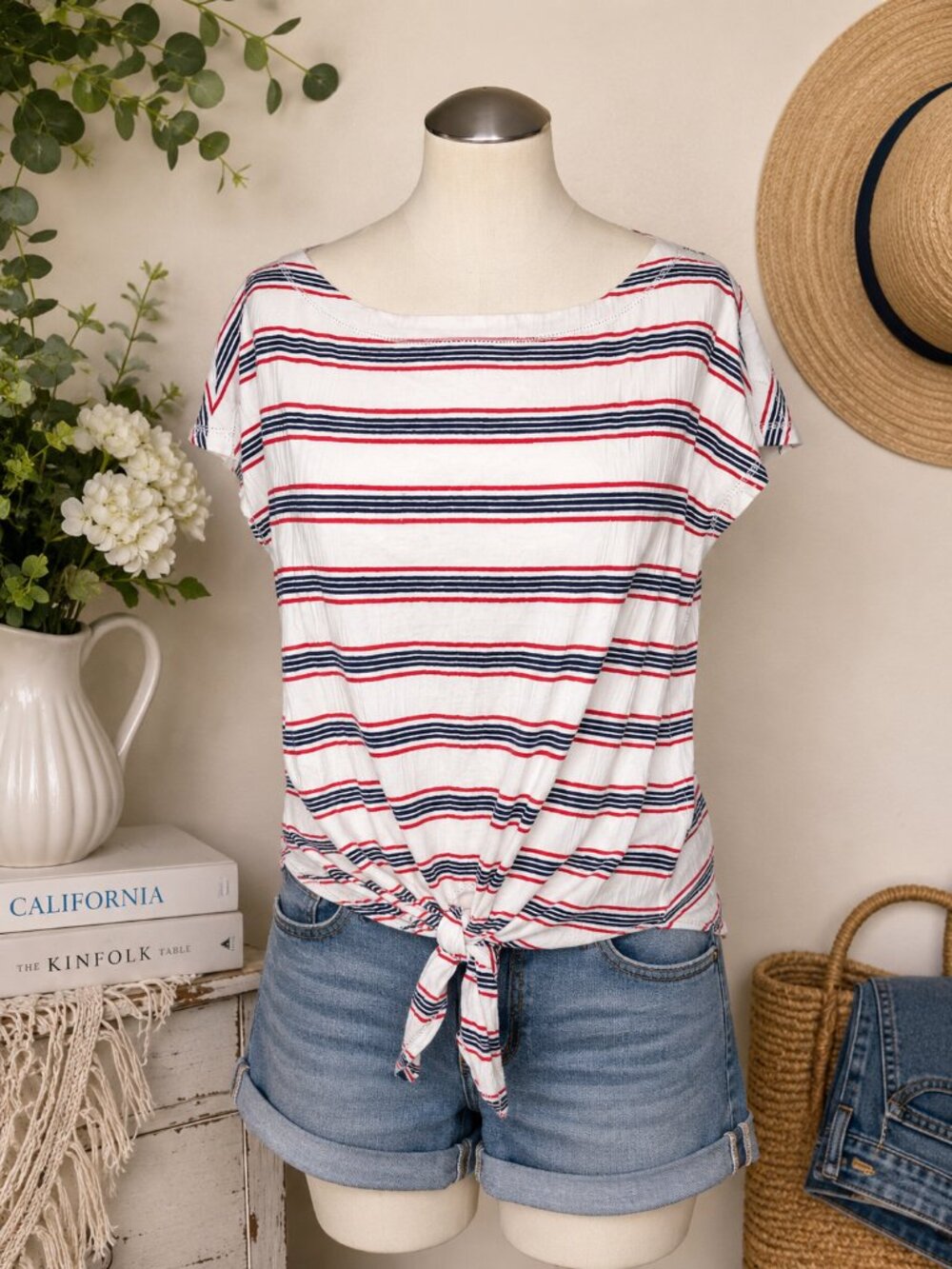 Max Studio Striped Tie Front Top Size Medium Red White Blue Nautical
